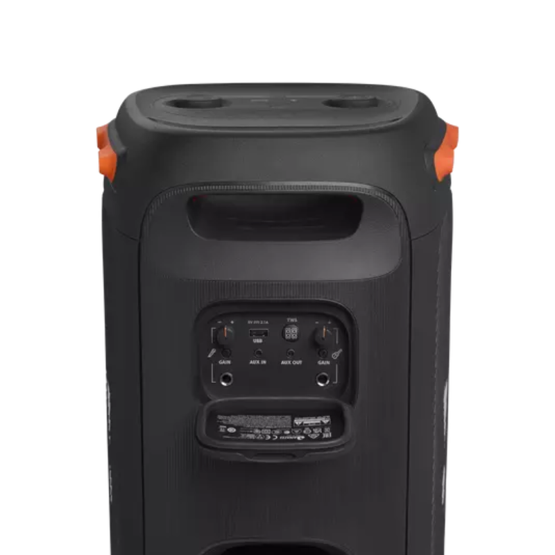 JBL PartyBox 110: Rear View Highlighting Design and Connectivity Options Rear View of the JBL PartyBox 110 Portable Speaker Showcasing Connectivity and Design Features