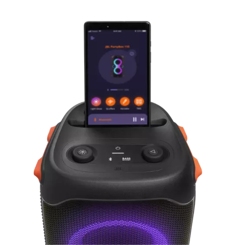 JBL PartyBox 110: Powerful Portable Party Speaker with Dynamic Lights and Splashproof Design JBL PartyBox 110 portable speaker showcasing powerful sound, customizable light show, and splashproof design, perfect for outdoor parties and celebrations.
