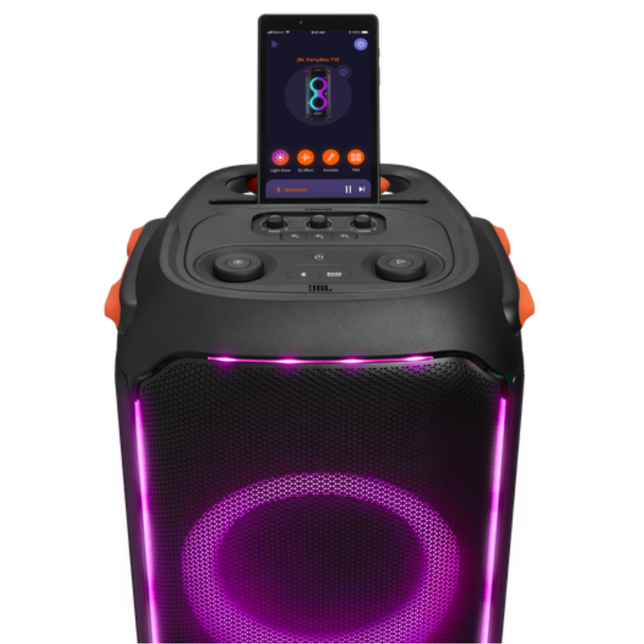 Control Your JBL 710 PartyBox with the PartyBox App Smartphone displaying the PartyBox App controlling the JBL 710 PartyBox settings.