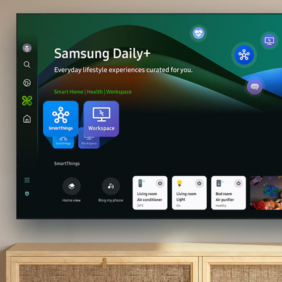 Immersive Audio with Q-Symphony Samsung DU8100 paired with a soundbar for synchronized Q-Symphony audio.
