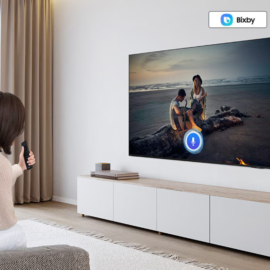 Sleek and Space-Saving AirSlim Design Samsung DU8100 mounted on a wall, highlighting its ultra-slim profile and sleek design.