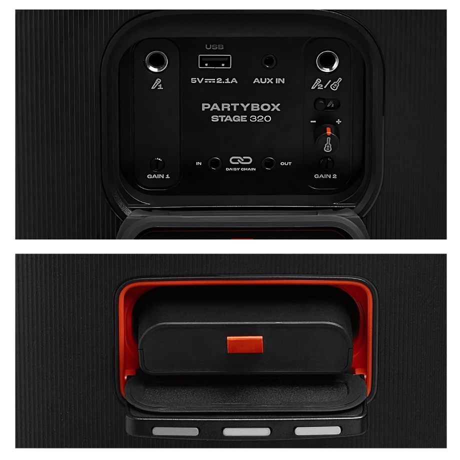 JBL PartyBox Stage 320 - Rear View with Connectivity Ports Rear view of JBL PartyBox Stage 320 showing connectivity ports and power input.