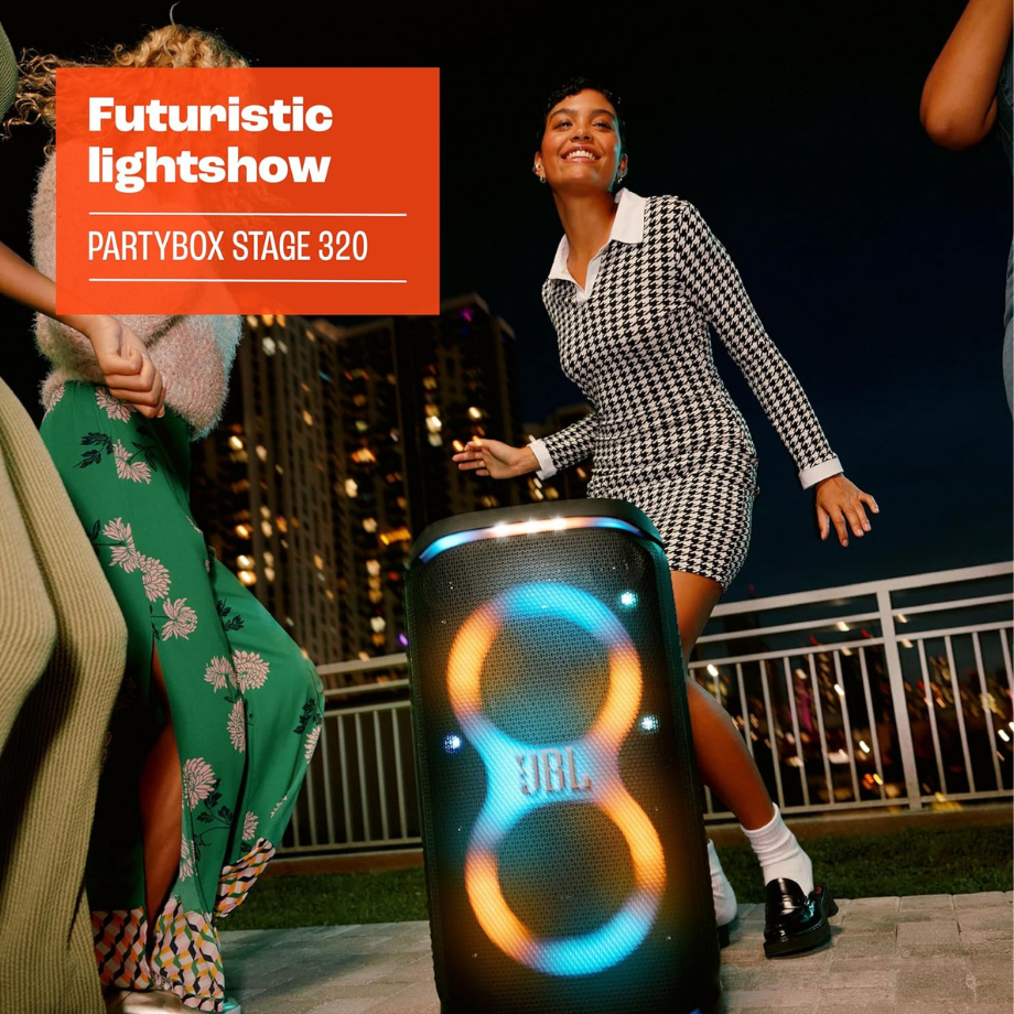 JBL PartyBox Stage 320 - Front View with LED Lights Front view of JBL PartyBox Stage 320 portable Bluetooth speaker with colorful LED lights.