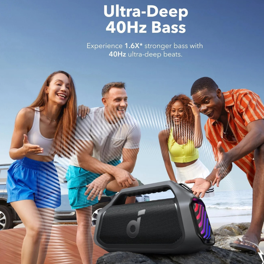 Portable and Ready for Adventure Boom 2 Plus speaker hanging from a portable strap, ready for travel.