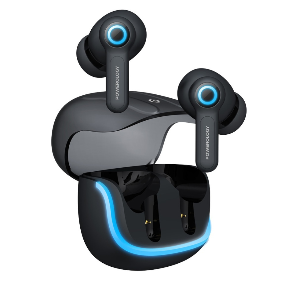Powerology TWS Earphones in Case Powerology Quad Mic ENC TWS Earphones in charging case