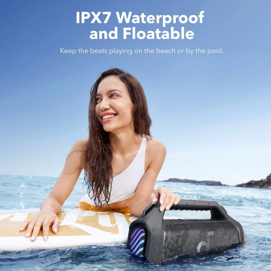 Boom 2 Plus Outdoor Speaker at the Beach Anker Soundcore Boom 2 Plus outdoor speaker on the beach, waterproof design.