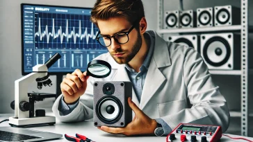 person-carefully-inspecting-the-quality-of-a-speaker-in-a-modern-testing-environment.-The-person-wearing-a-white-lab-coat-and-