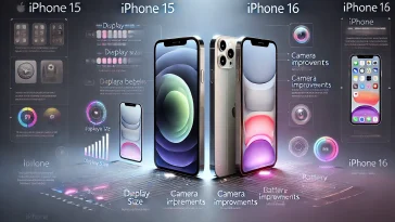 A digital illustration showing an iPhone 15 and an iPhone 16 side by side