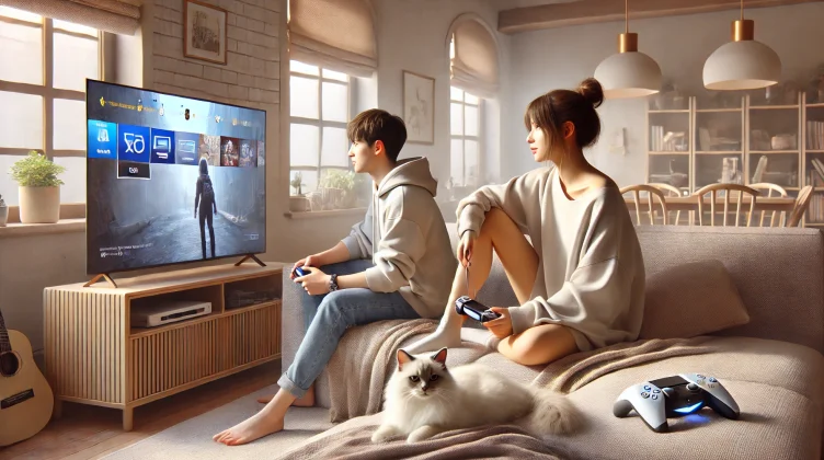 The image has been adjusted to feature the girl in a short, relaxing dress ps5 gaming