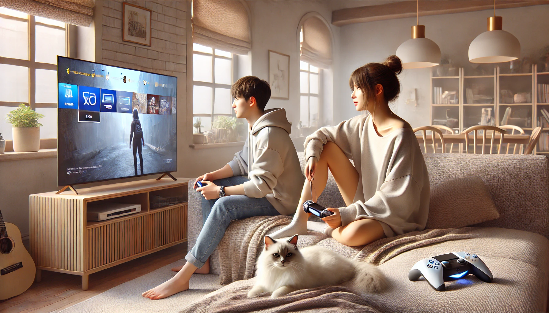 The image has been adjusted to feature the girl in a short, relaxing dress ps5 gaming