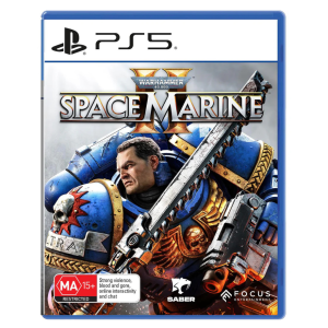 Space Marine fighting hordes of enemies in a brutal battle from Warhammer 40K universe.