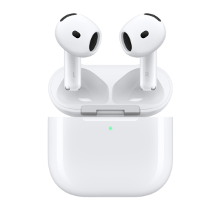 Close-up of AirPods 4 showcasing their sleek, ergonomic design with a glossy white finish.