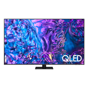 Samsung Q70D running Tizen OS interface with streaming apps and settings.