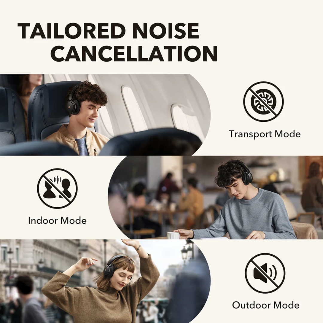 Soundcore Life Q30 – Stylish & Comfortable Noise Cancelling Headphones. Soundcore Life Q30 wireless headphones with a sleek black finish and ergonomic earcups.