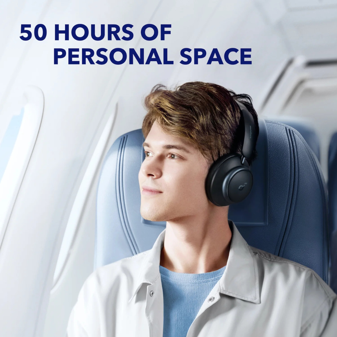 Long-Lasting Battery – 50 Hours with ANC, 65 Hours in Normal Mode. Anker Soundcore Space Q45 headphones with a battery icon showing 50 hours of playtime.