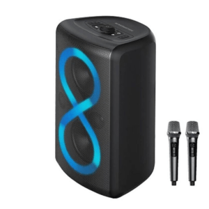 Monster Cycle Plus karaoke speaker with 120W RMS power, dual woofers, and tweeters for deep bass and crisp highs.