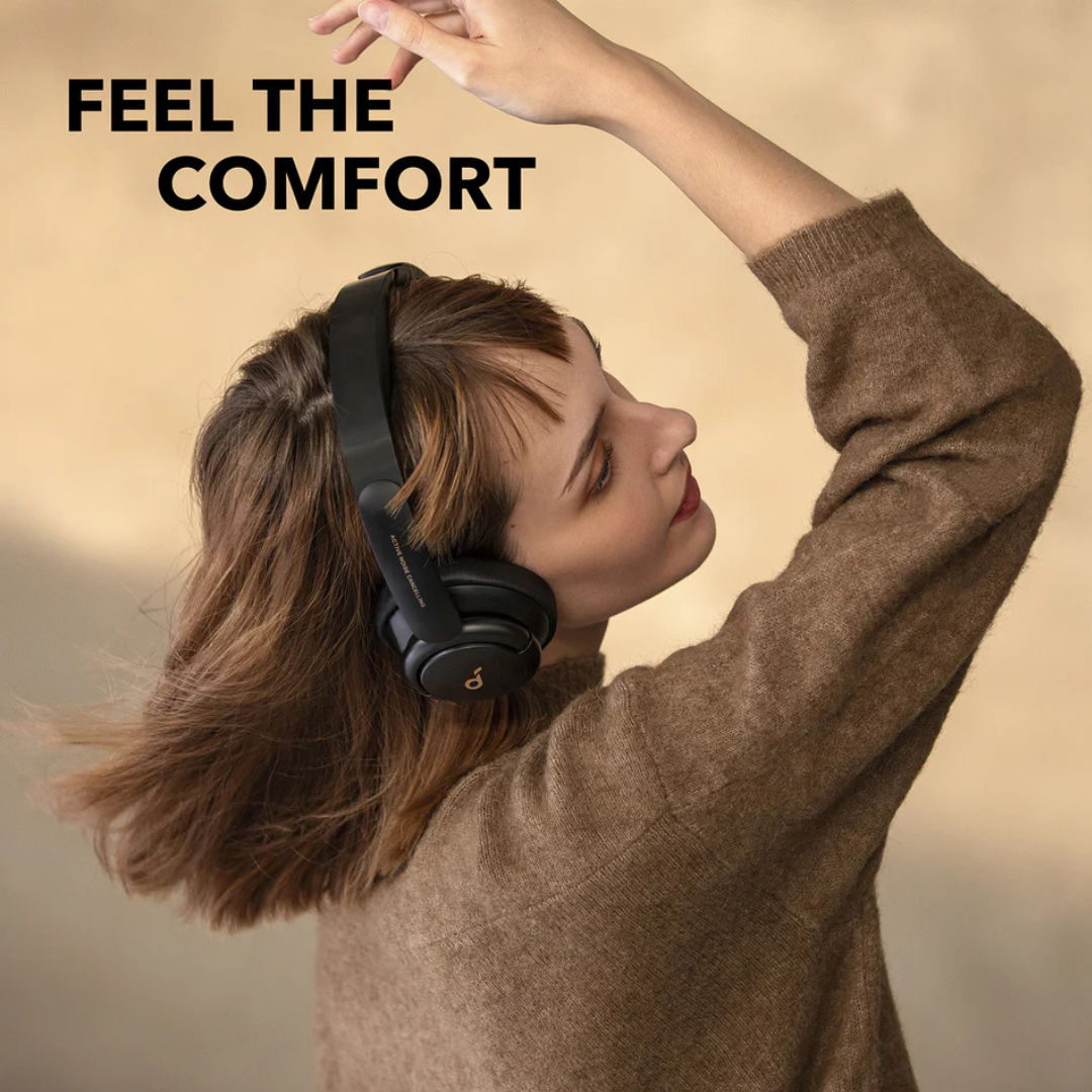 Three Customizable ANC Modes for Any Environment. Soundcore Life Q30 headphones with icons representing Transport, Outdoor, and Indoor noise cancellation modes.