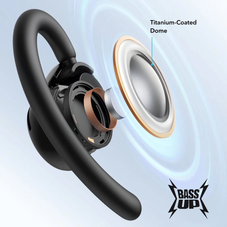 Titanium-Coated Dome with BassUp in V20i Open Ear Earbuds Close-up showing titanium-coated dome inside Anker Soundcore V20i Open Ear Earbuds.