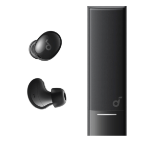 Anker Soundcore A30i NC Tiny Earbuds in white with compact lipstick-shaped charging case.