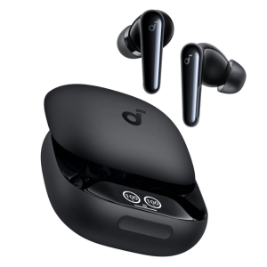 Anker Liberty 4 Pro charging case with display showing battery levels and fast charging capabilities.