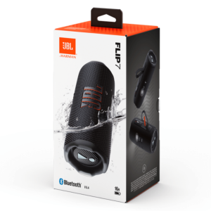 The JBL Flip 7 Bluetooth speaker in black packaging, highlighting its waterproof feature.