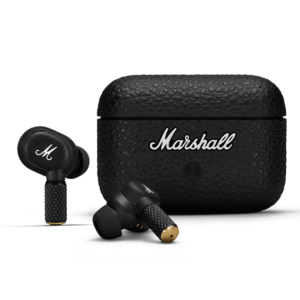 Marshall Motif II ANC Wireless Earbuds and charging case with the iconic Marshall logo.