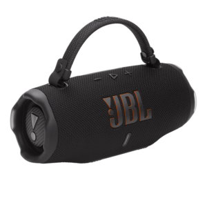 Side view of the JBL Charge 6 Bluetooth speaker with the logo and buttons visible.