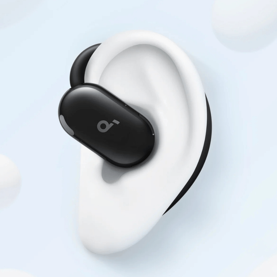 Anker Soundcore V20i Open Ear Earbuds Fit Close-up of Anker Soundcore V20i Open Ear Earbuds fitting securely in the ear.