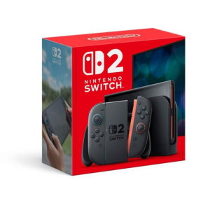 Box packaging of the Nintendo Switch 2, featuring the console, Joy-Cons, and dock.