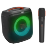 JBL PartyBox Encore 2 with a microphone next to it, showcasing karaoke features.