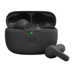 JBL Vibe Beam earbuds with open charging case